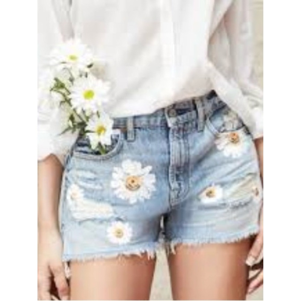 7 For All Mankind Destroy & Daisies Frayed Cutoff Denim Shorts Sz 28 Boho Y2K - Picture 11 of 11